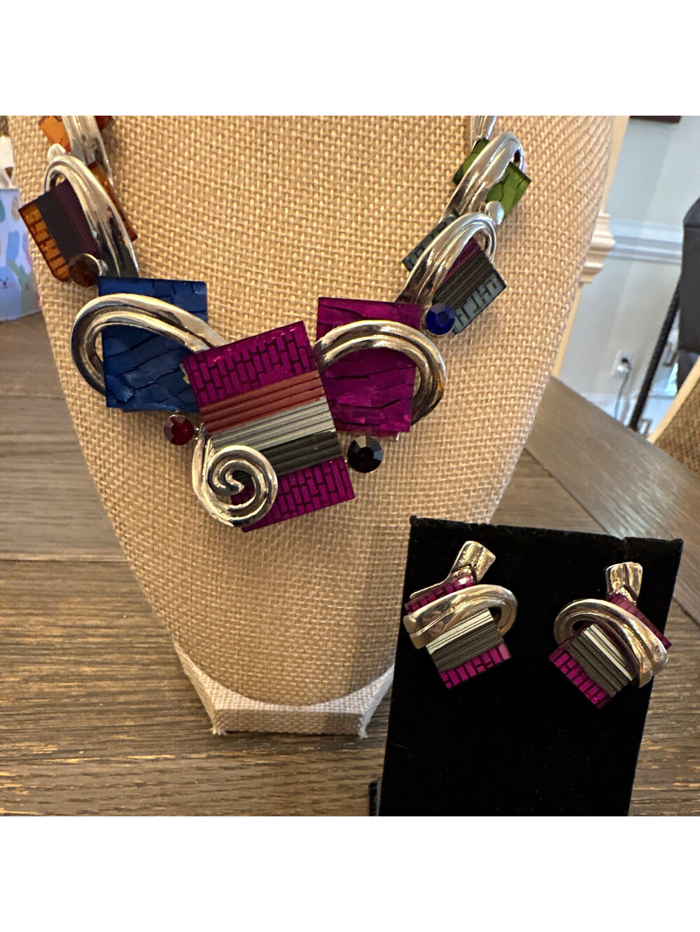 art deco style necklace and earrings set purple colors
